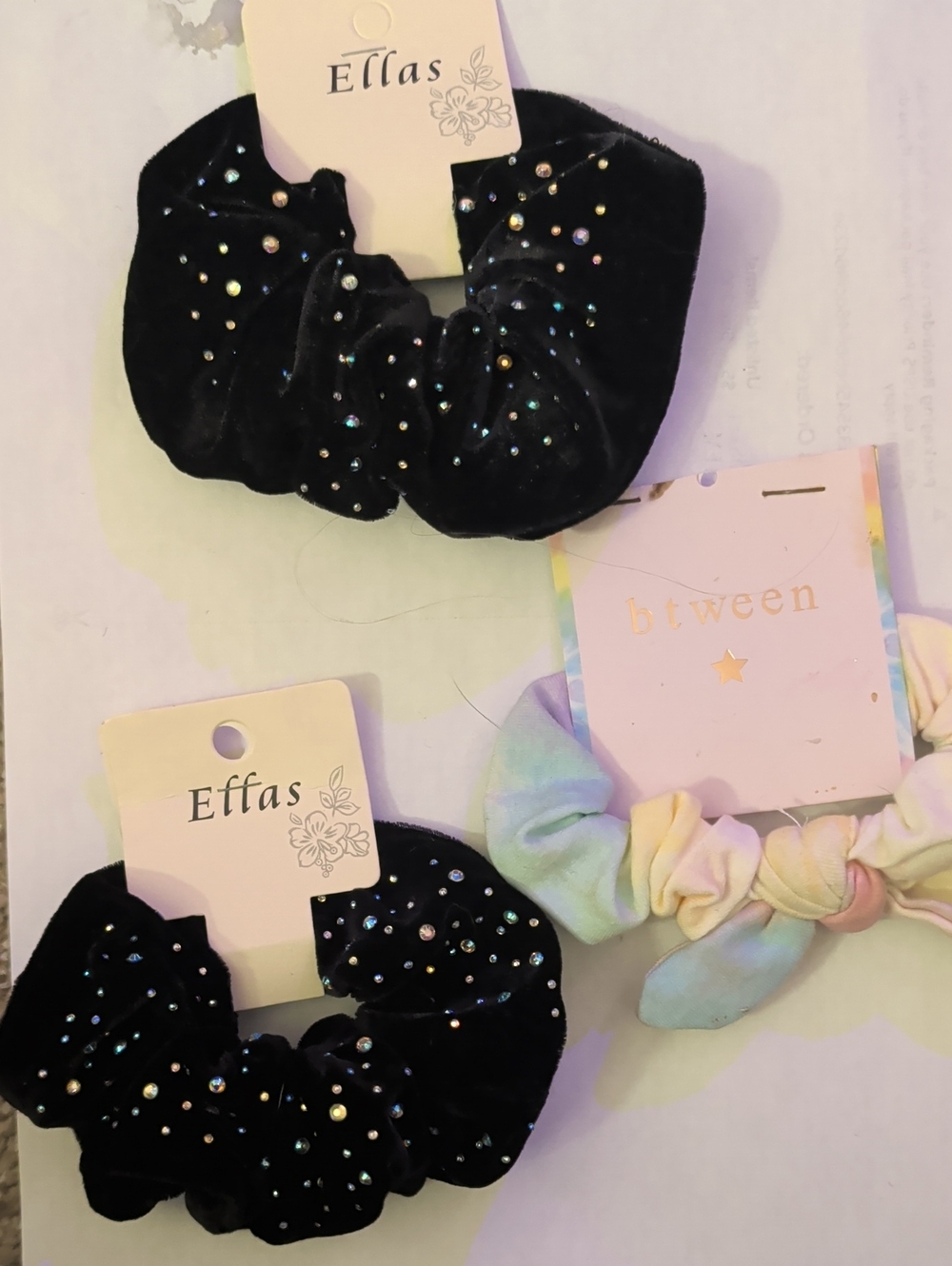 3 Pack Of Scrunchies Black Velvet Rhinestone Scrunchie -btween Tie Die